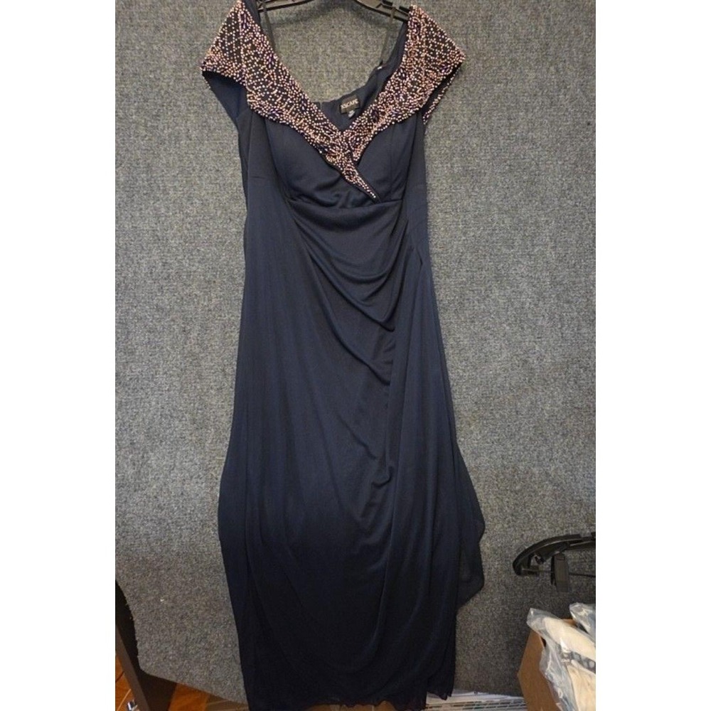 Xscape Dress Womens 18W Blue Off Shoulder Beaded Ruched Maxi Formal Evening Gown